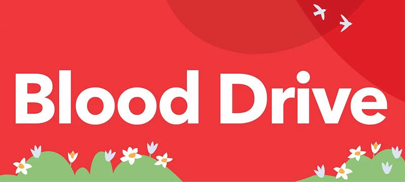 The image features the words "Blood Drive" in white on a red background, with floral and bird illustrations.