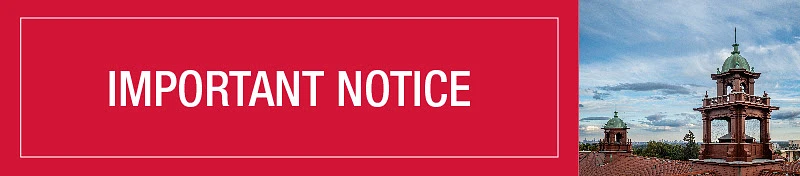 The image features a red background with the words "IMPORTANT NOTICE" on the left and a scenic view of a building with towers against a blue sky on the right.