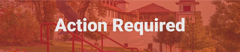 The image displays the phrase "Action Required" in bold white text against a blurred background of a building and trees with a red overlay.